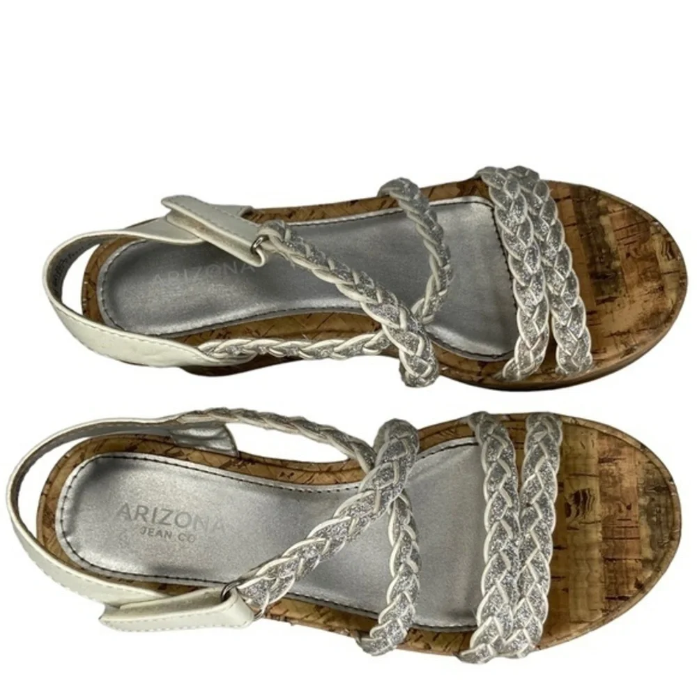 Arizona Jean Co Jersey Sandals White and Silver Braided Straps Wedge Cork Size 2